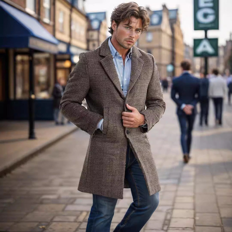 Men’s Mid-Length Quilted Plaid Woolen Coat Slim Fit