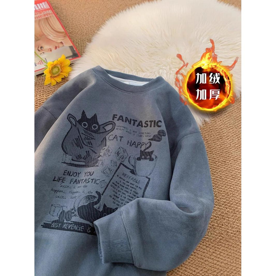 Fleece Lined Crewneck Sweatshirt Men Loose American Brand AW