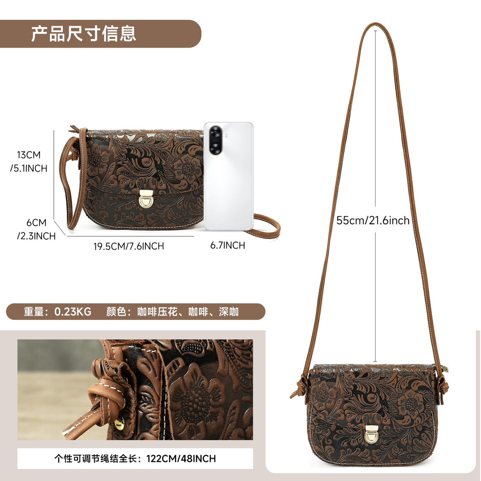 Genuine Leather Embossed Lock Crossbody Shoulder Bag