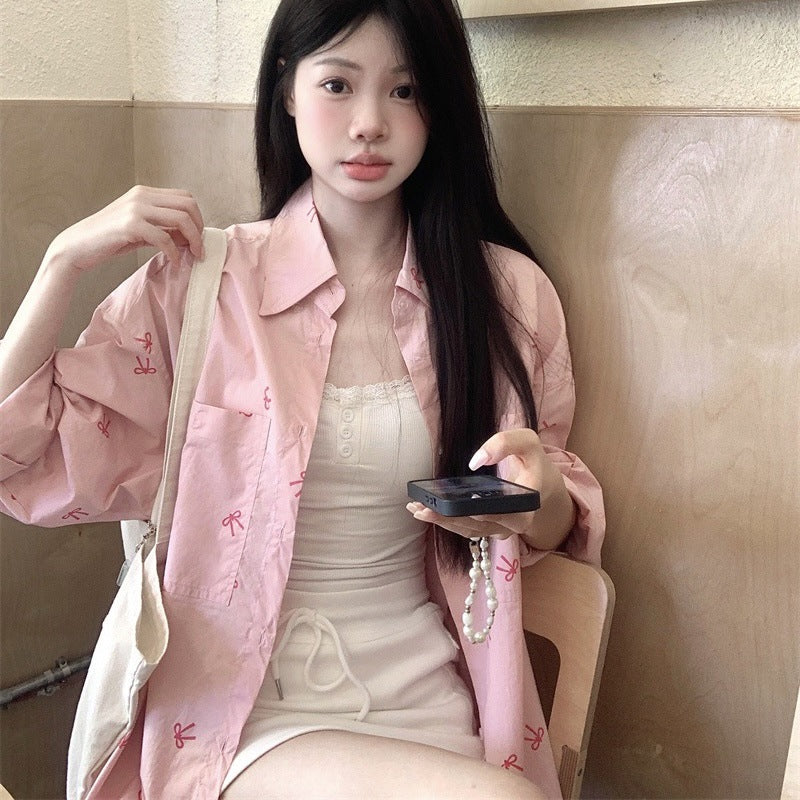 STOCK-Pink Bow Print Sun Shirt