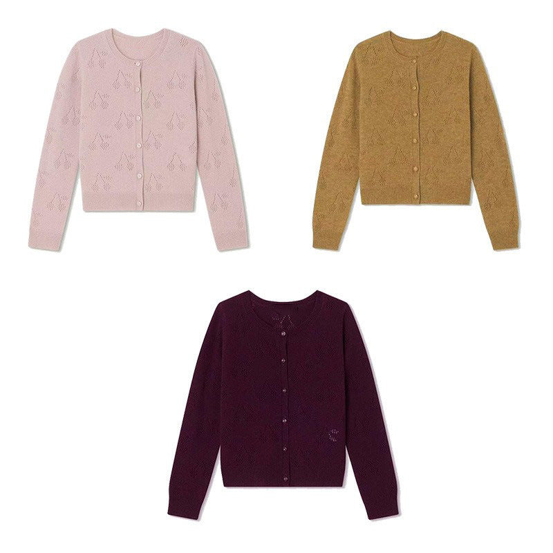 Girls’ Knitted Cherry Jacquard Cardigan Sweater