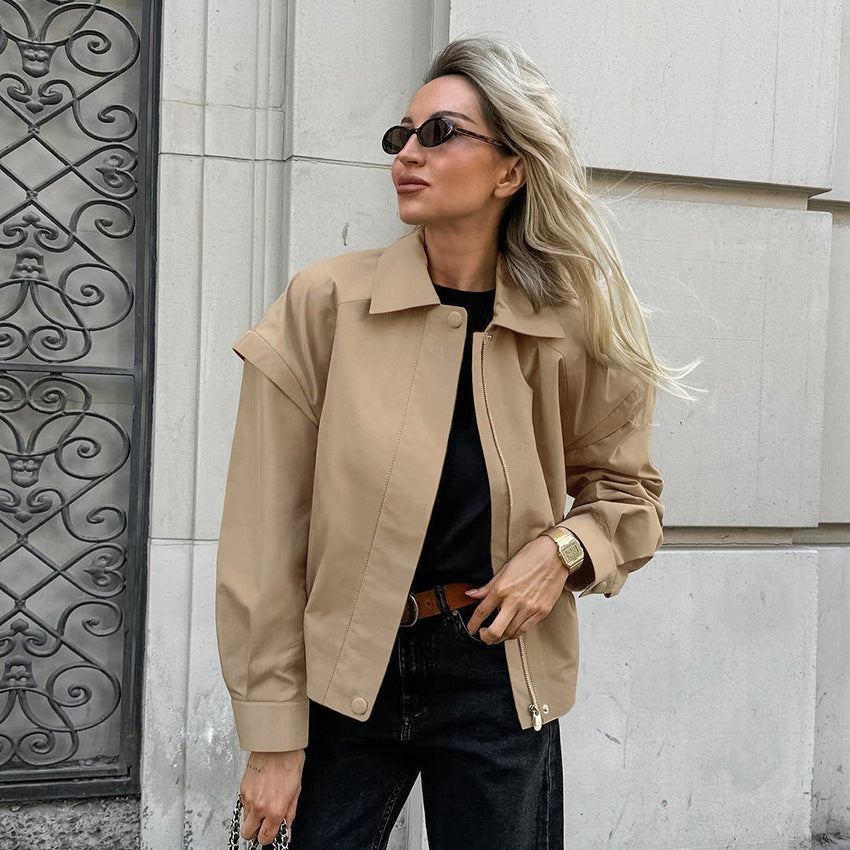 Khaki French Lapel Bomber Coat