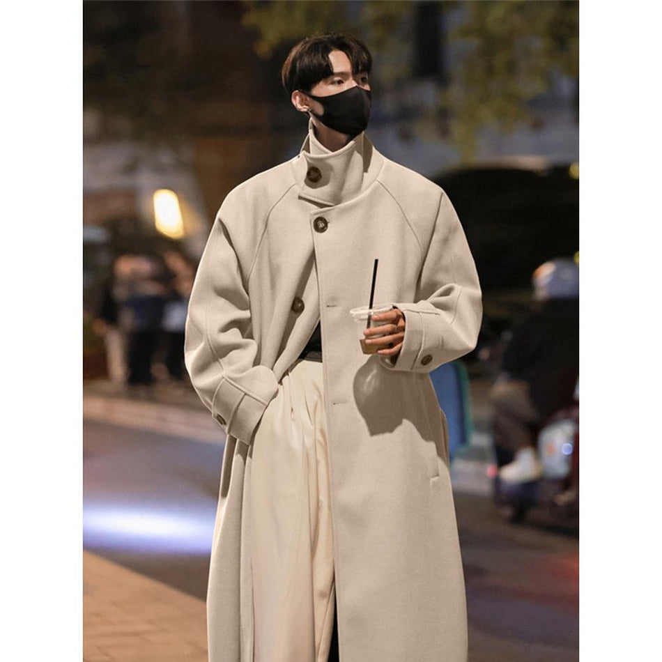 Korean-Style Over-the-Knee Wool Coat for Men