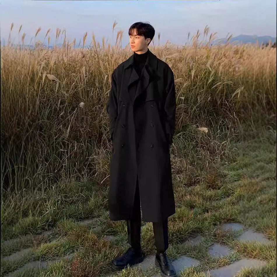 Men’s Over-the-Knee Loose Coat – Spring Autumn Hong Kong Style