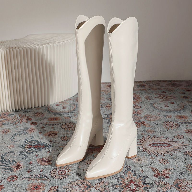 Women’s White High Heel Long Boots 2026 Autumn Winter V Mouth