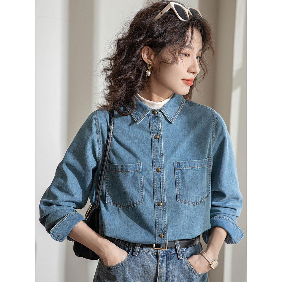 Light Blue Denim Shirt Women Retro Spring Autumn