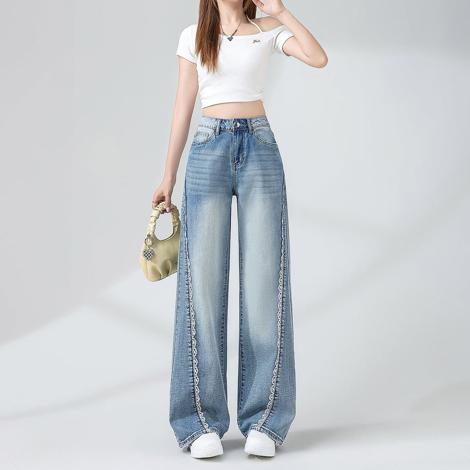 INSTOCK- Lace-Trimmed Wide-Leg Jeans