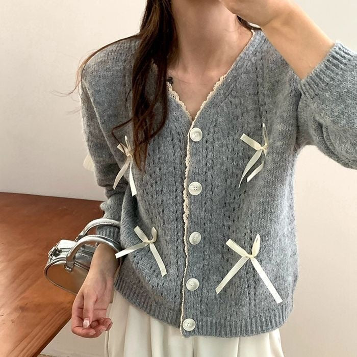 Korean Bow-Knit Hollow Cardigan for Women