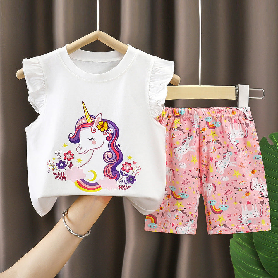 2025 Girls Cotton Summer Two-Piece Flying Sleeve Suit Set