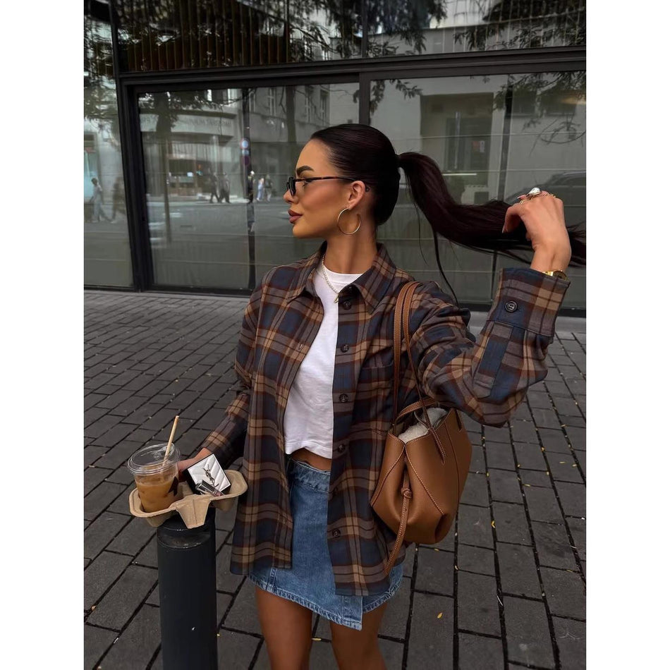 2026 Spring Autumn Women's Plaid Button Flannel Shirt Coat