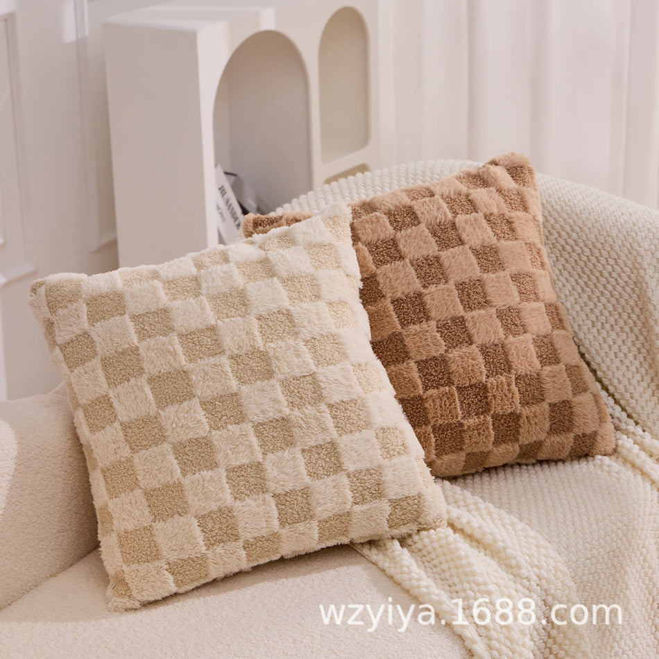 Plaid Velvet Pillow – Modern Plush Sofa Cushion