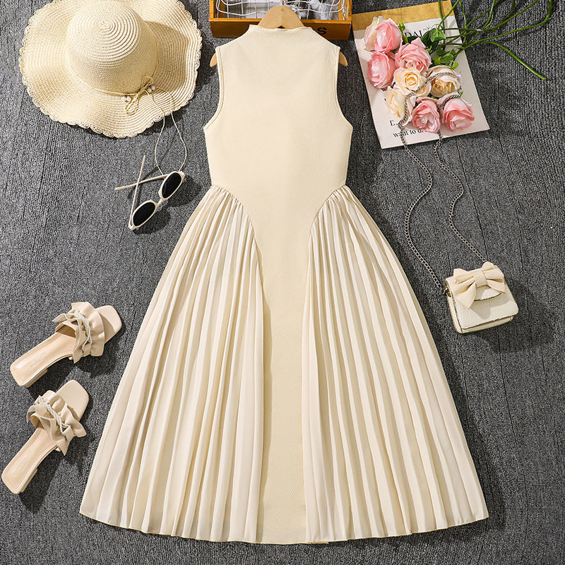 Girls Stand-Up Collar Pleated Sleeveless Summer Long Dress--