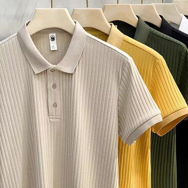 STOCK-Japanese Style Men's Knitted Stripe Solid Color Polo Shirt