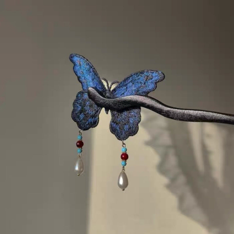 Embroidered Sandalwood Butterfly Tassel Hairpin