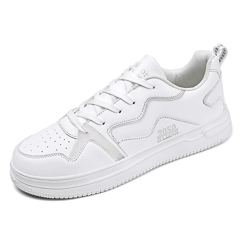 Men’s White Leather Sneakers – Korean Style Low-Top Casual Shoes