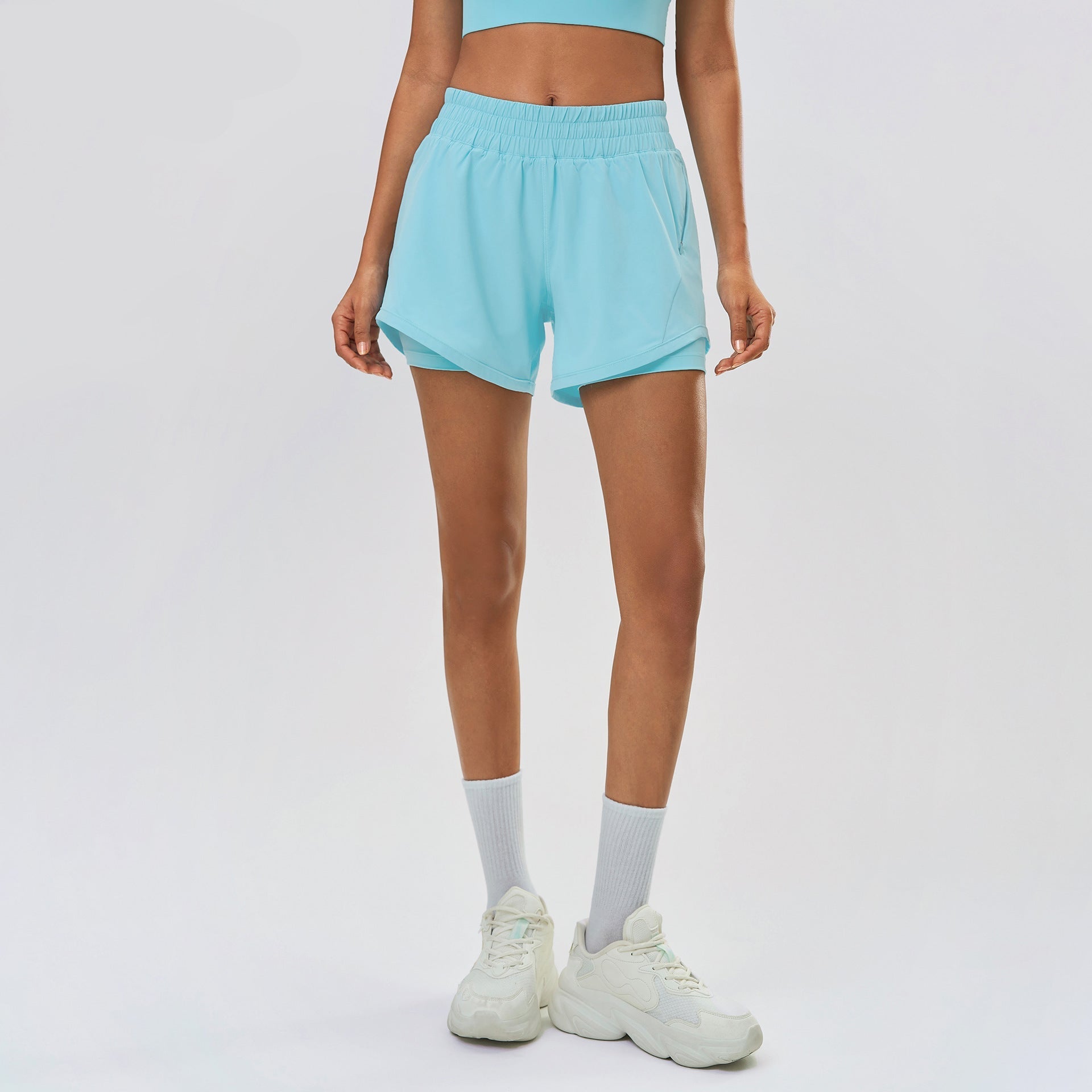 Cyan blue high-waisted quick-dry two-in-one performance shorts