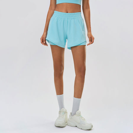 Cyan blue high-waisted quick-dry two-in-one performance shorts