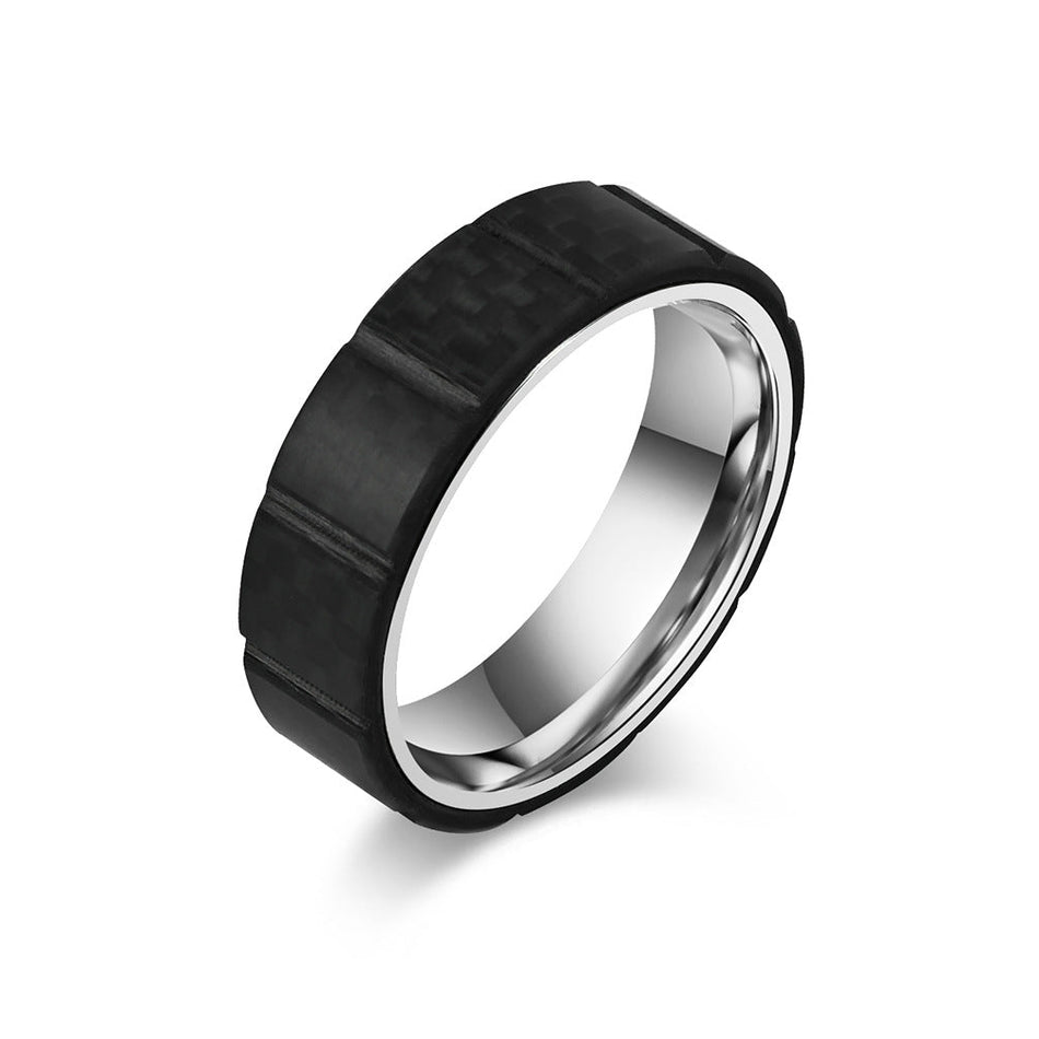 Men's Carbon Fiber Black Titanium Steel Ring with Groove