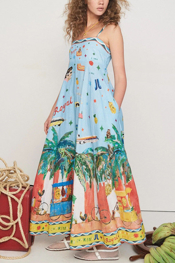 Sling Printing Pocket Dress - 2026 "INS" Style Loose Vacation
