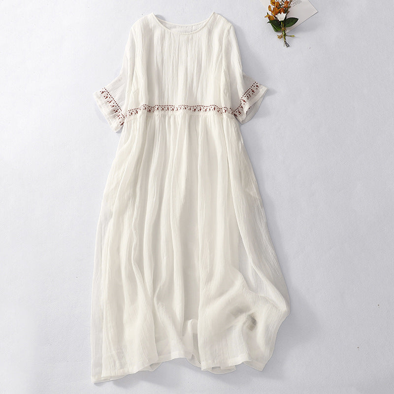 Ramie Embroidered Plus Size Retro Summer Dress