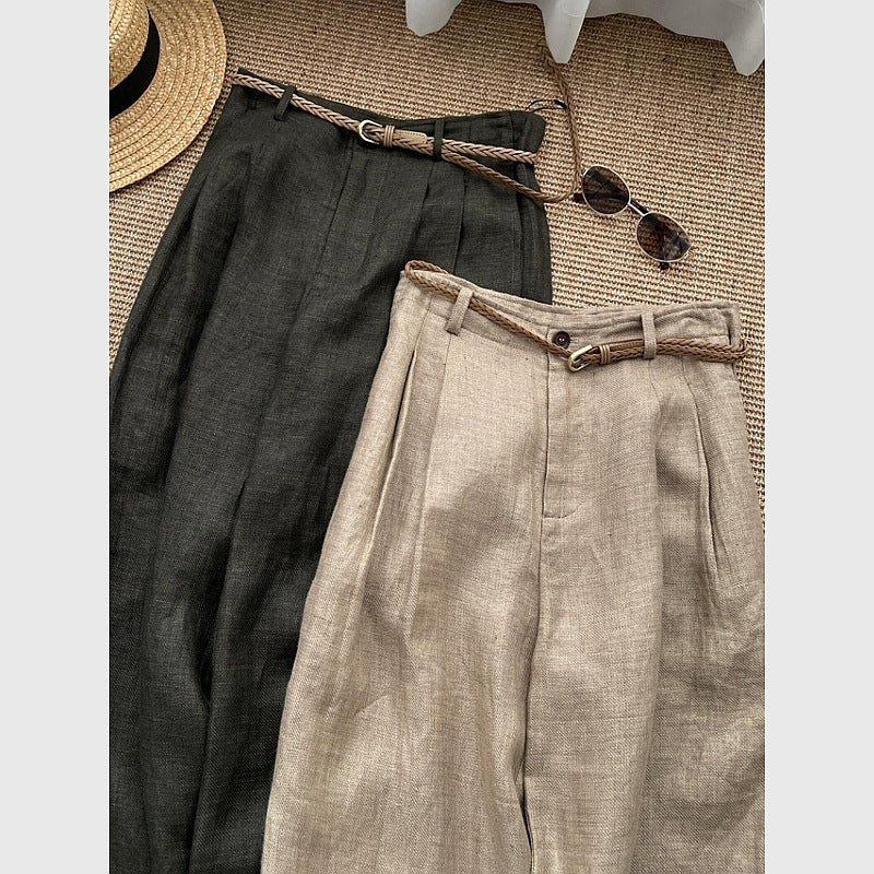 Old Money Khaki Linen Wide-Leg Pants