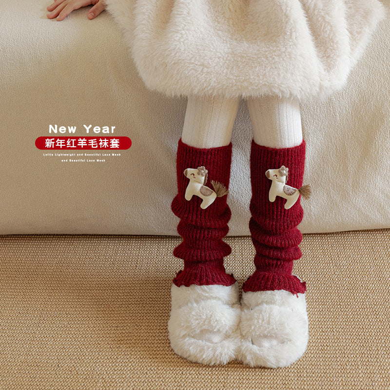 Girls Thickened Red Festive Pile Socks Warm Lucky Calf