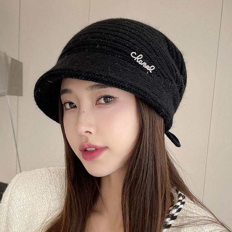 Women’s Double-Layer Rabbit Hair Knit Drawstring Hat