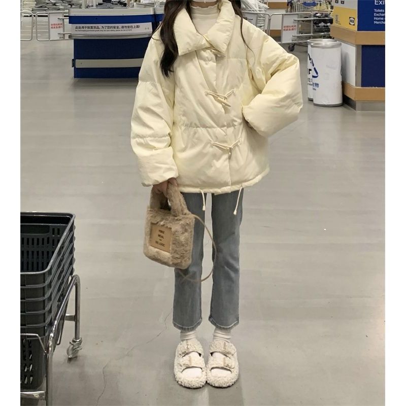 College Style Horn Button Cotton Jacket for Women