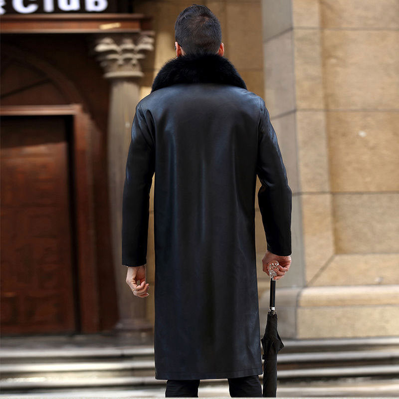Men’s Thickened Long Leather Coat Lapel Fur Over-The-Knee