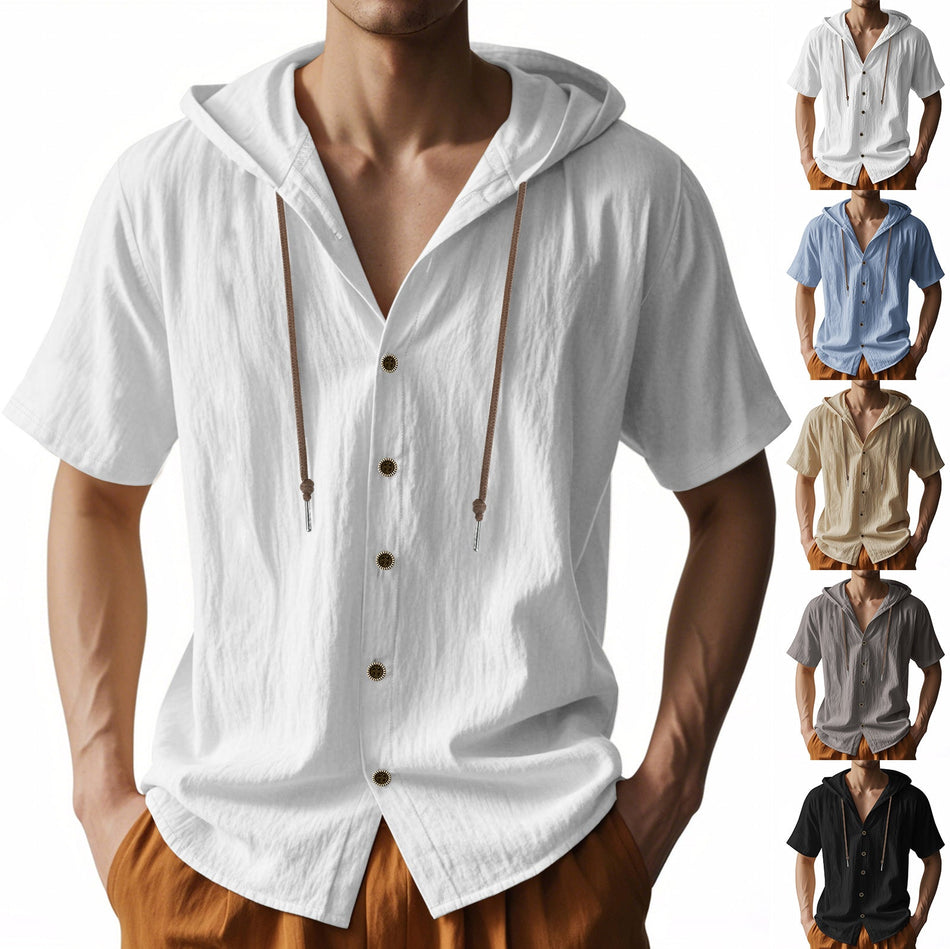 Men’s Summer Linen Hooded Shirt – Loose Short-Sleeve Breathable