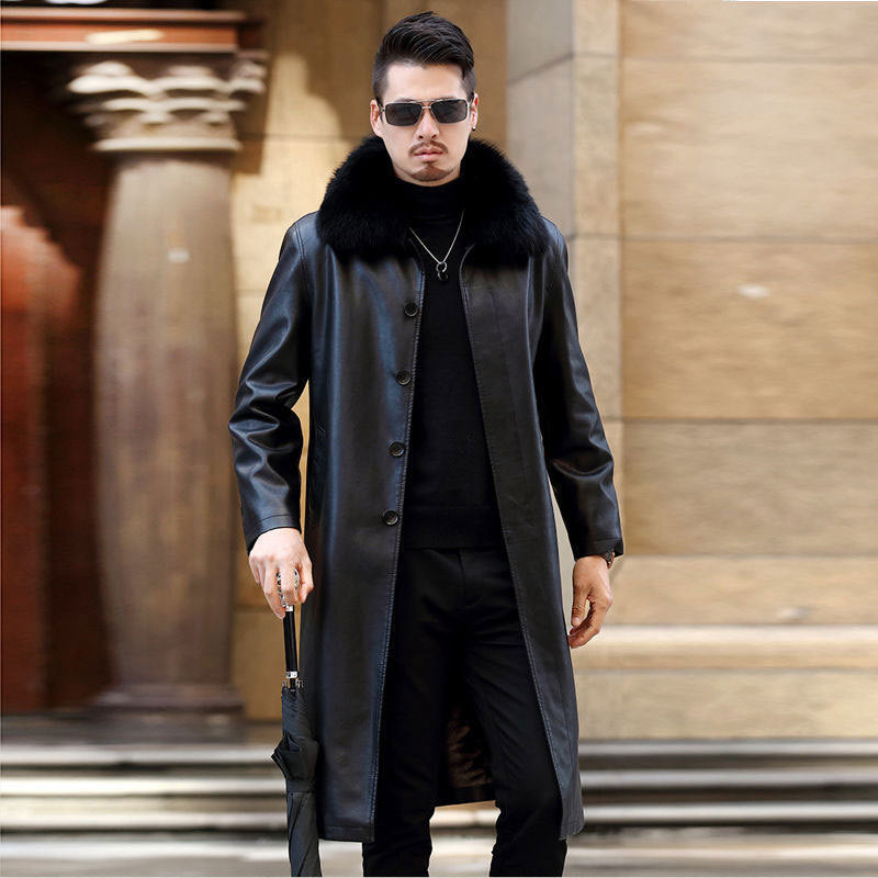 Men’s Thickened Long Leather Coat Lapel Fur Over-The-Knee