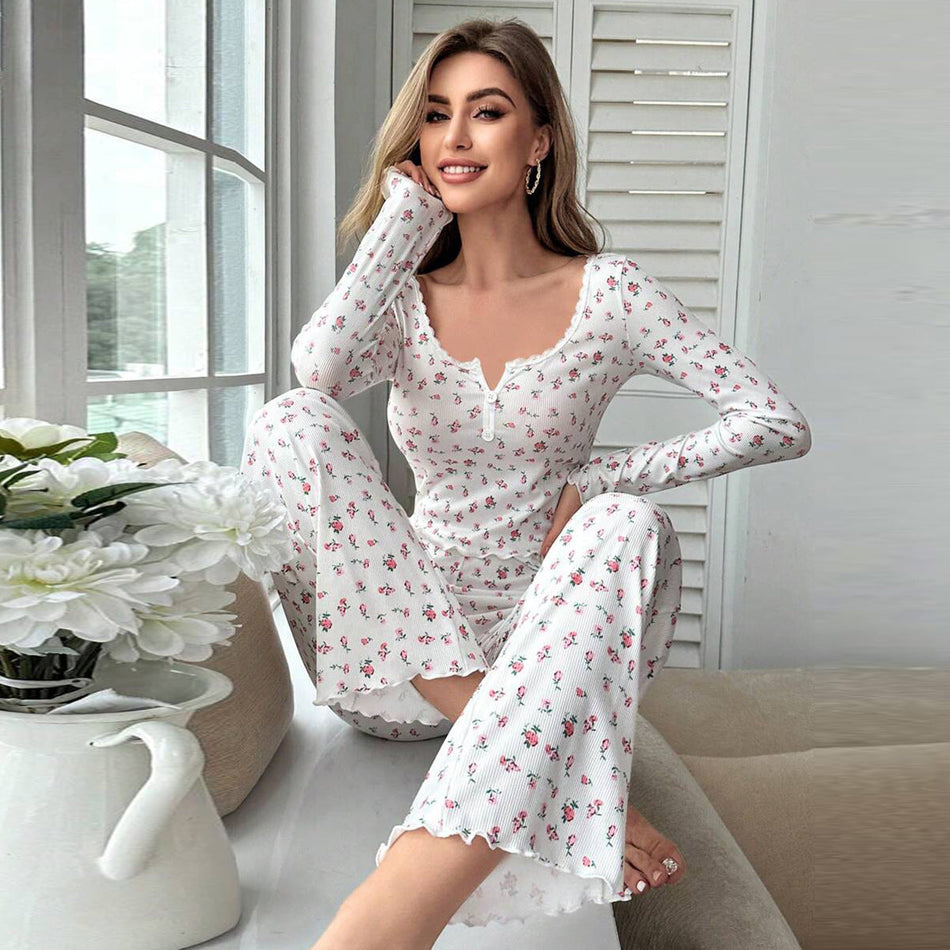 Floral V-neck Pajama Set – Long Sleeve & Lettuce-Curled Pants