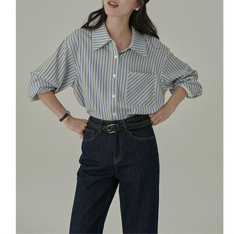 STOCK-Korean Lazy Style Blue Striped Long Sleeve Shirt Women