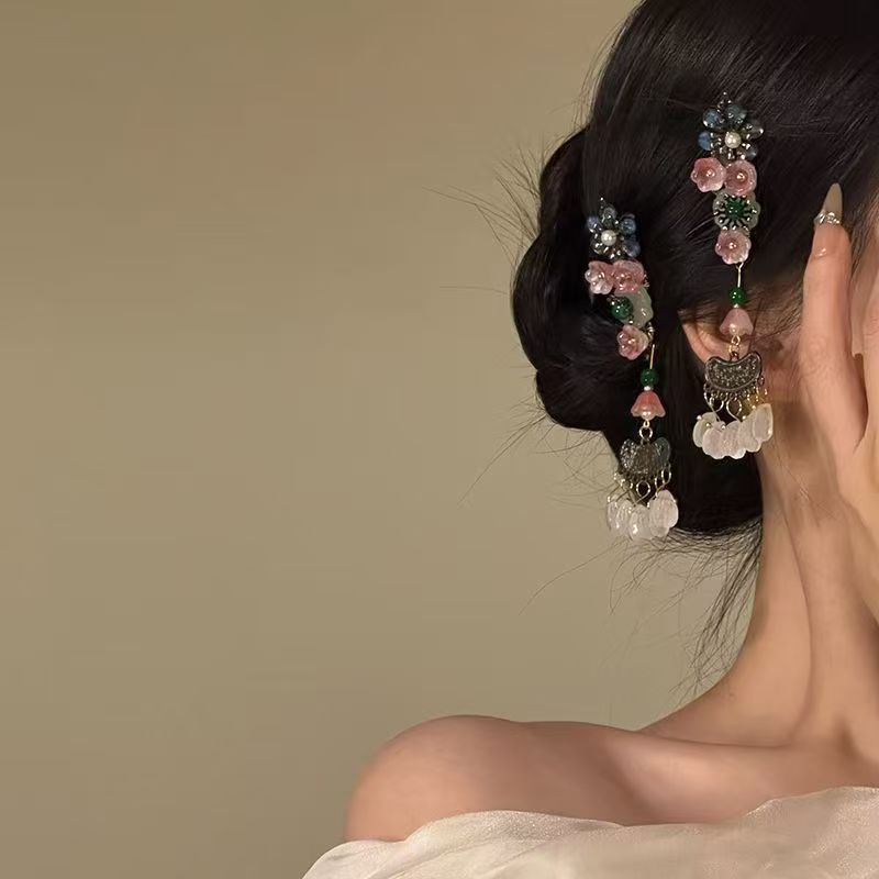 Chinoiserie Flower Long Tassel Hair Clip