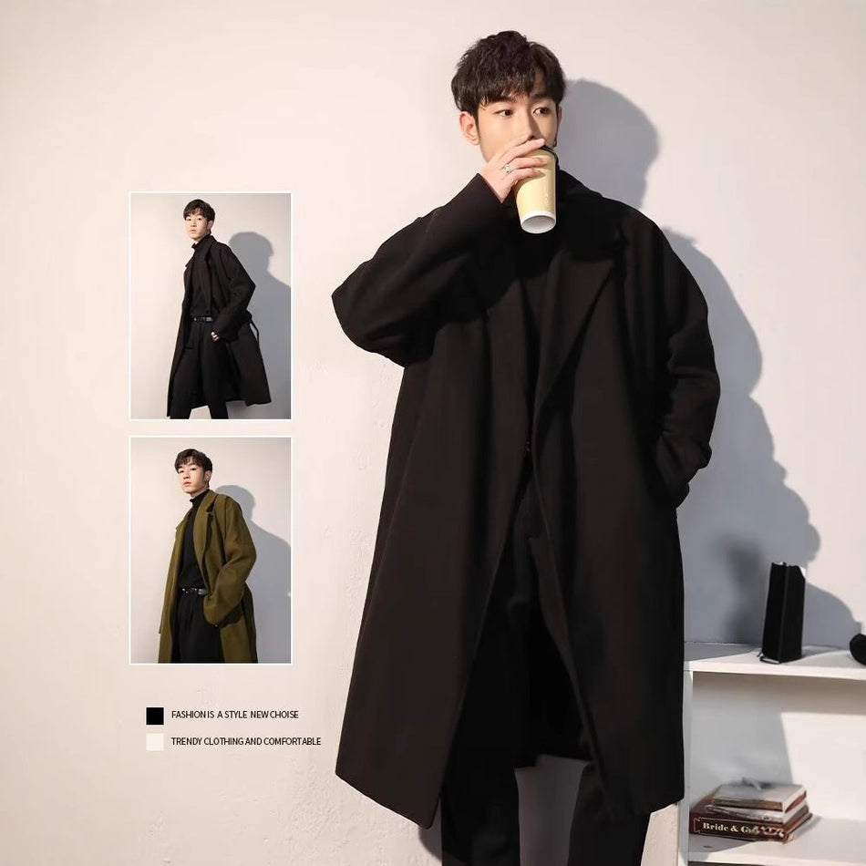 Men’s Mid-Length Woolen Coat – Korean British Style