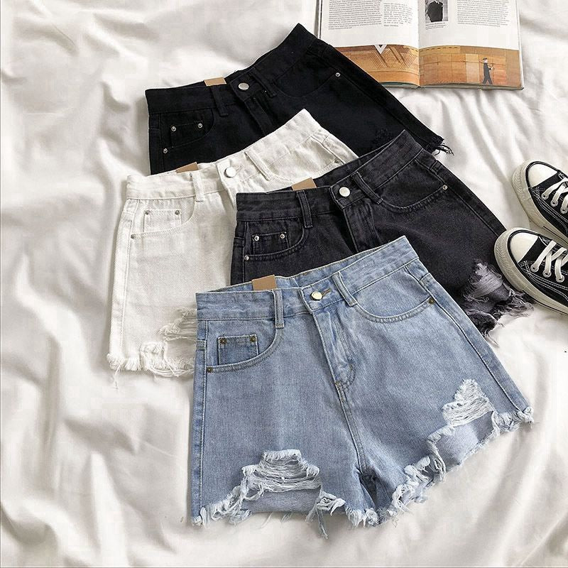 High Waisted Ripped Denim Shorts Korean Style Wide Leg Women Fit
