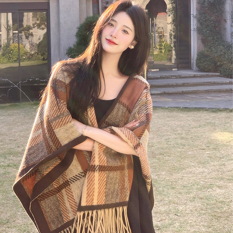Maillard Plaid Tassel Cape Shawl Korean Style Women HighEnds