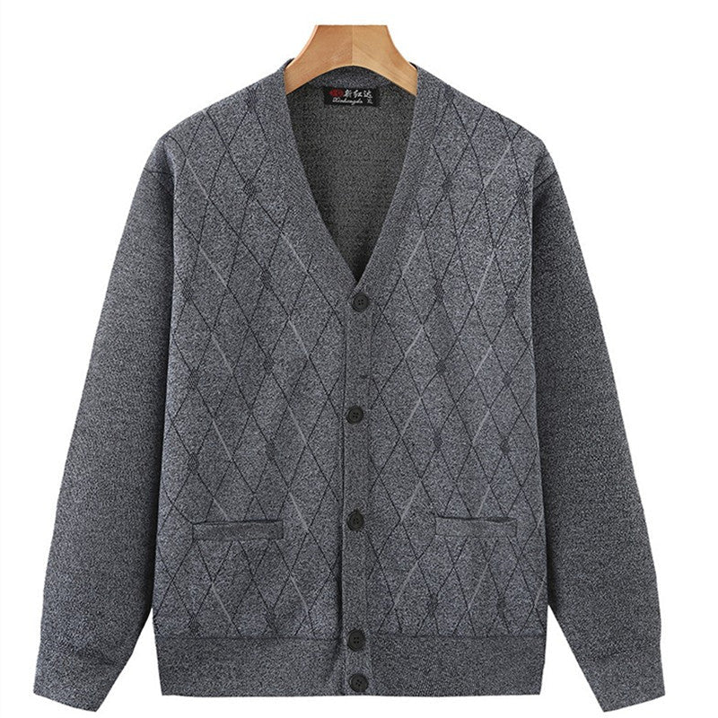 Men's V-Neck Jacquard Cardigan – Spring Autumn Dad Sweater