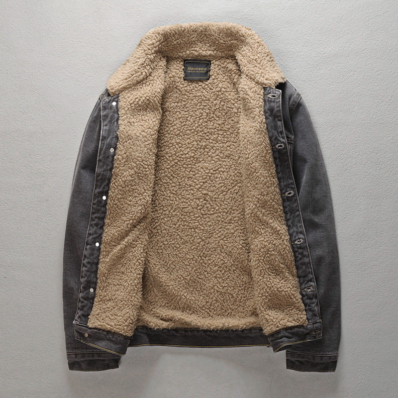 STOCK-Men's Black Denim Jacket Fleece-Lined Thickened Fur Collar