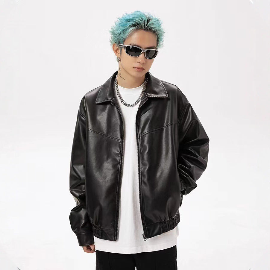 STOCK-Trendy PU Leather Jacket Men | Loose Fit Motorcycle Autumn