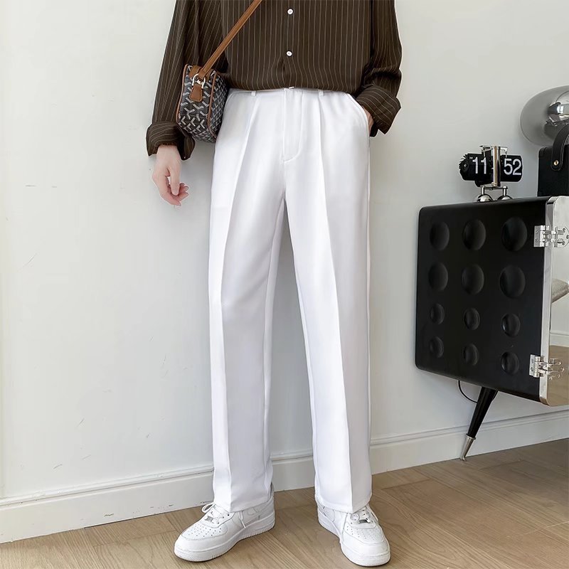 Men’s High-End White Loose Straight Wide-Leg Casual Pants