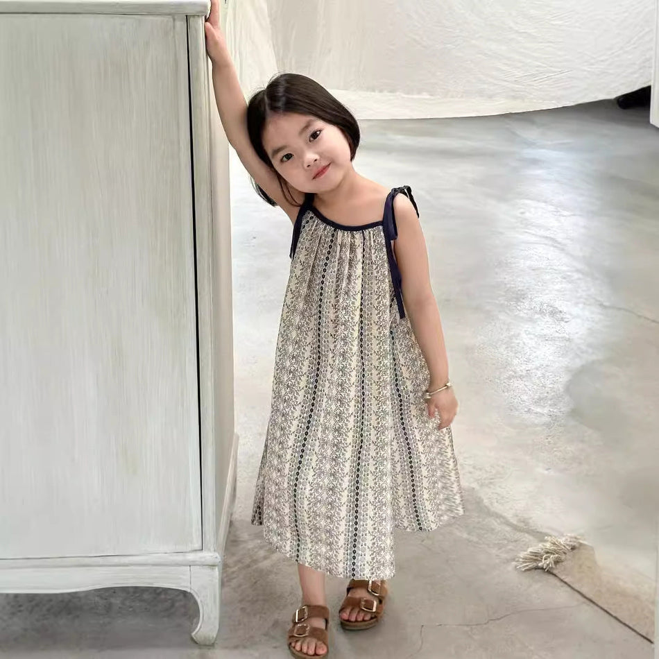 Girls' Floral Lace-Up Dress – 2024 Korean Summer Style