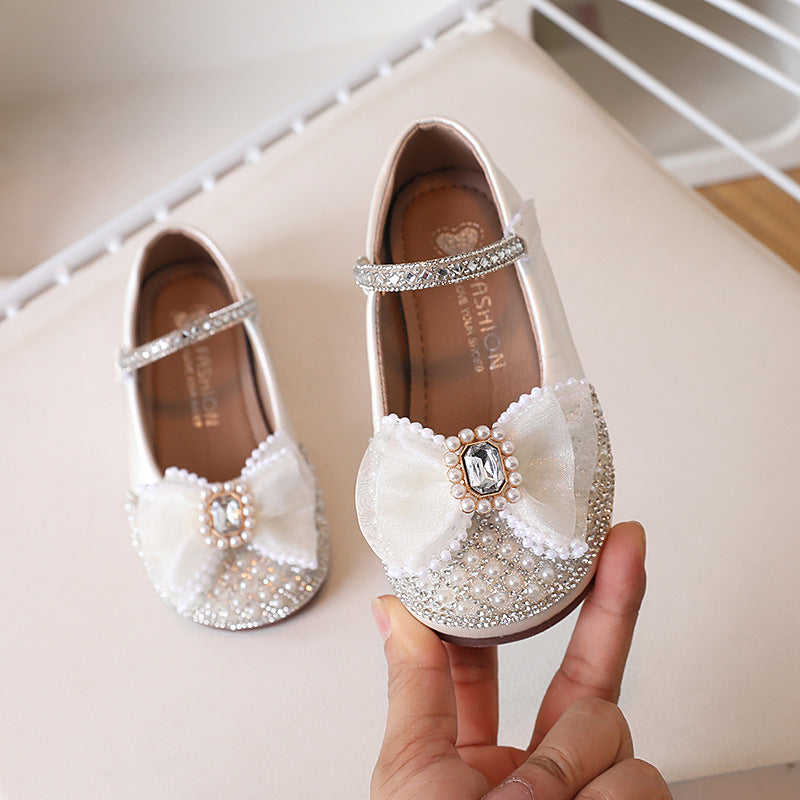 Girls Sequined Bow Leather Princess Shoes Elegant Dress Flats