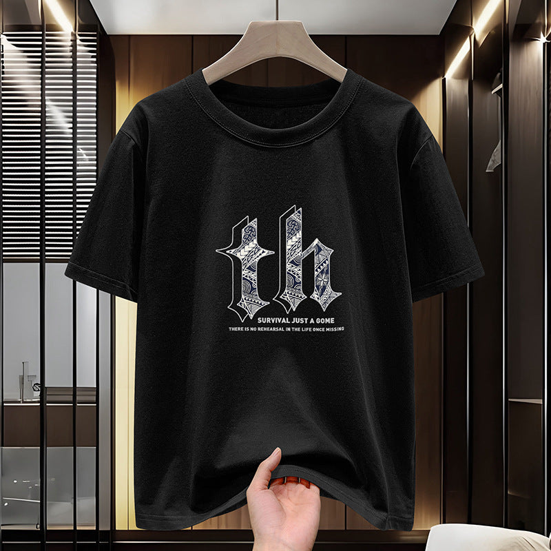 Men's Pure Cotton Letter Print Crew Neck Black Short Sleeve