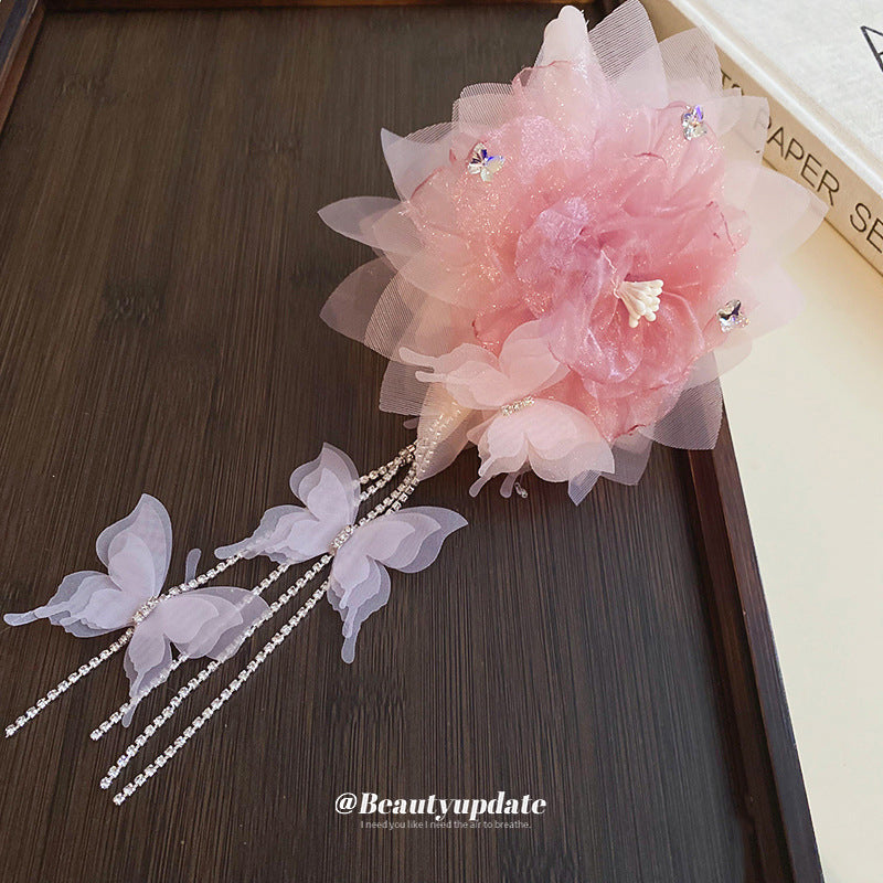 Mesh Flower Diamond Butterfly Tassel Hair Clip – Sweet &