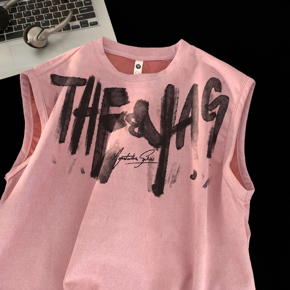 STOCK-Men’s Graffiti Suede Vest – Street Style Sleeveless Tee