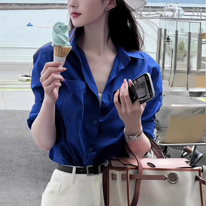 Klein Blue Polo Collar Long Sleeve Shirt