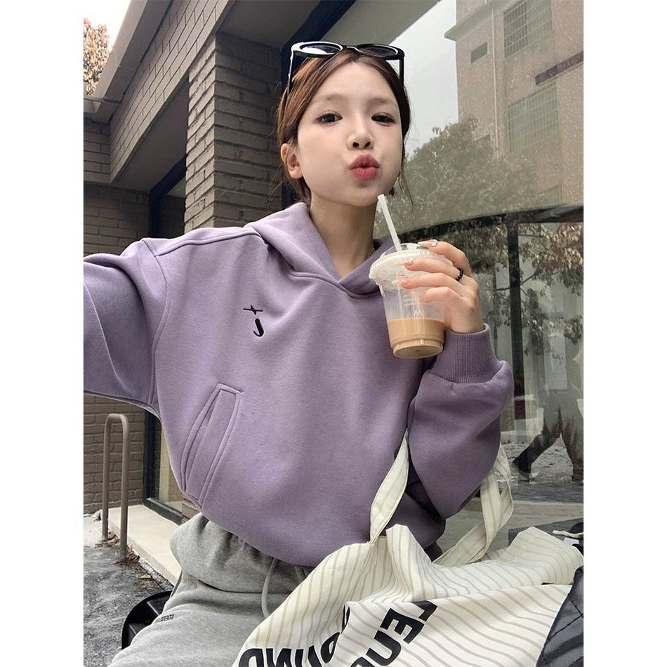 Women Purple Hooded American Sweatshirt Thickened Loose Fit