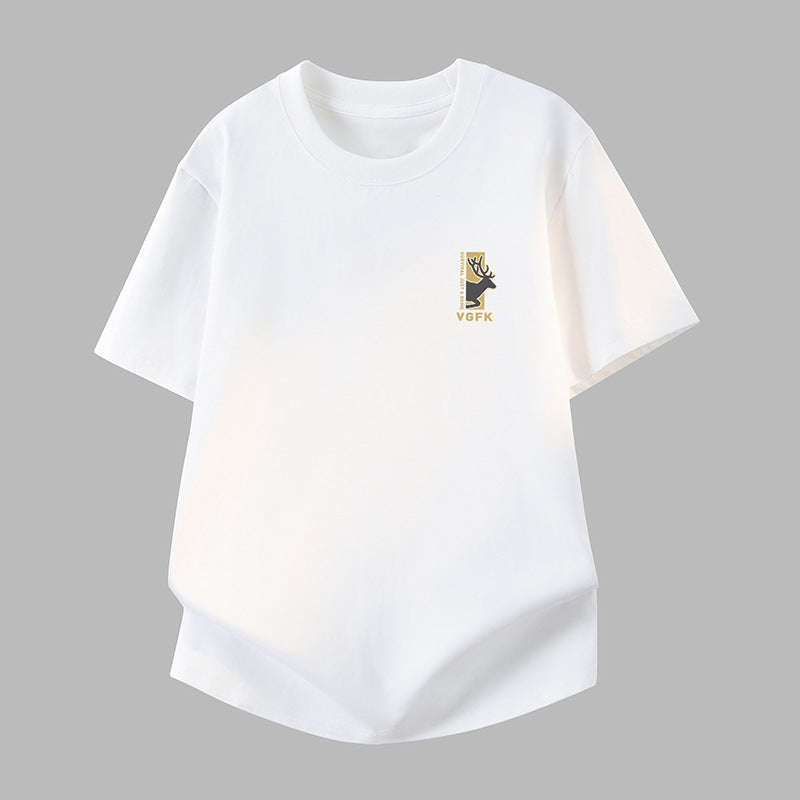 Men's Pure Cotton Deer Print Crew Neck Short Sleeve T-Shirt
