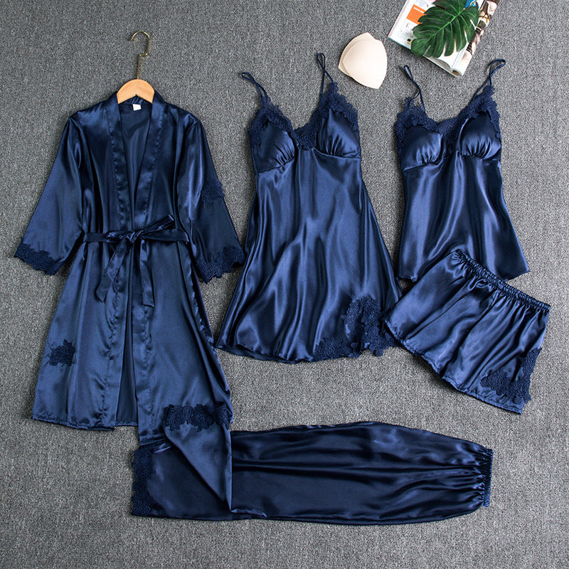 STOCK-Women’s Silk Pajamas Set Sexy 5-Piece Nightgown Summer